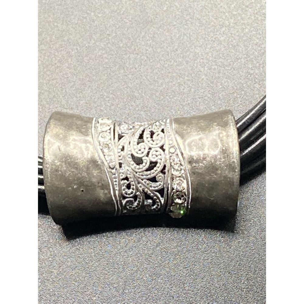 Black multi strand necklace with treated cord silver tone filigree rhinestone pe - Picture 5 of 8